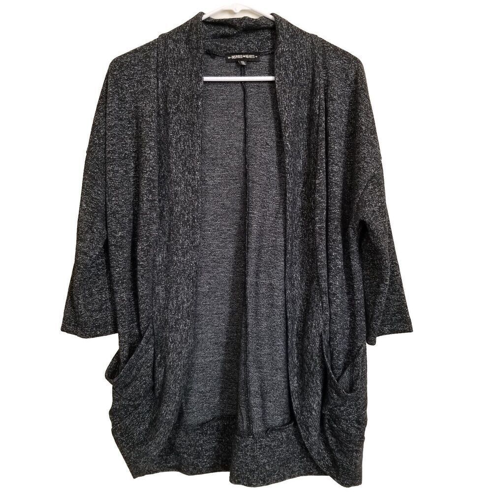 Inspired Hearts Womens Open Cardigan Heathered Gray Xlarge Pockets Fall